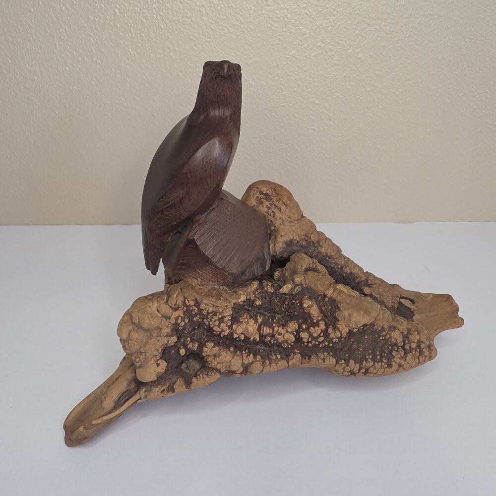 Vintage Stylized Desert Ironwood Eagle Statue on Natural Rough Burl Base